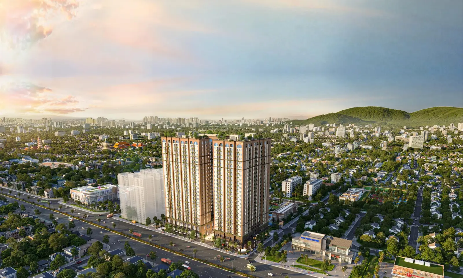 Phối cảnh Maison Grand nhìn từ trên cao: hai tòa tháp bên Quốc lộ 51, đồi xanh phía sau