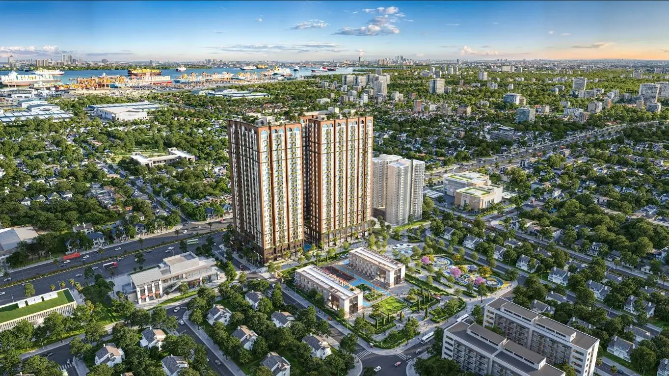 Phối cảnh tổng thể Maison Grand, xa xa là cảng và biển